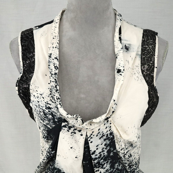 Sachin and Babi Ankasa Dress Womens 4 Ivory Black Silk Lined Sequins Shift Pleat - Picture 6 of 14